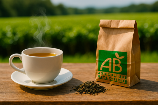 Thé bio – tasse fumante et sachet craft avec label bio, boisson naturelle et authentique.