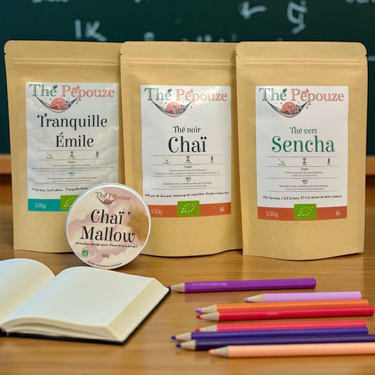 Pack Rentrée Thé Pépouze – 3 thés bio (Sencha, Chaï, Tranquille Émile) et Chaï'Mallow, présenté avec crayons et cahier, ambiance rentrée des classes.