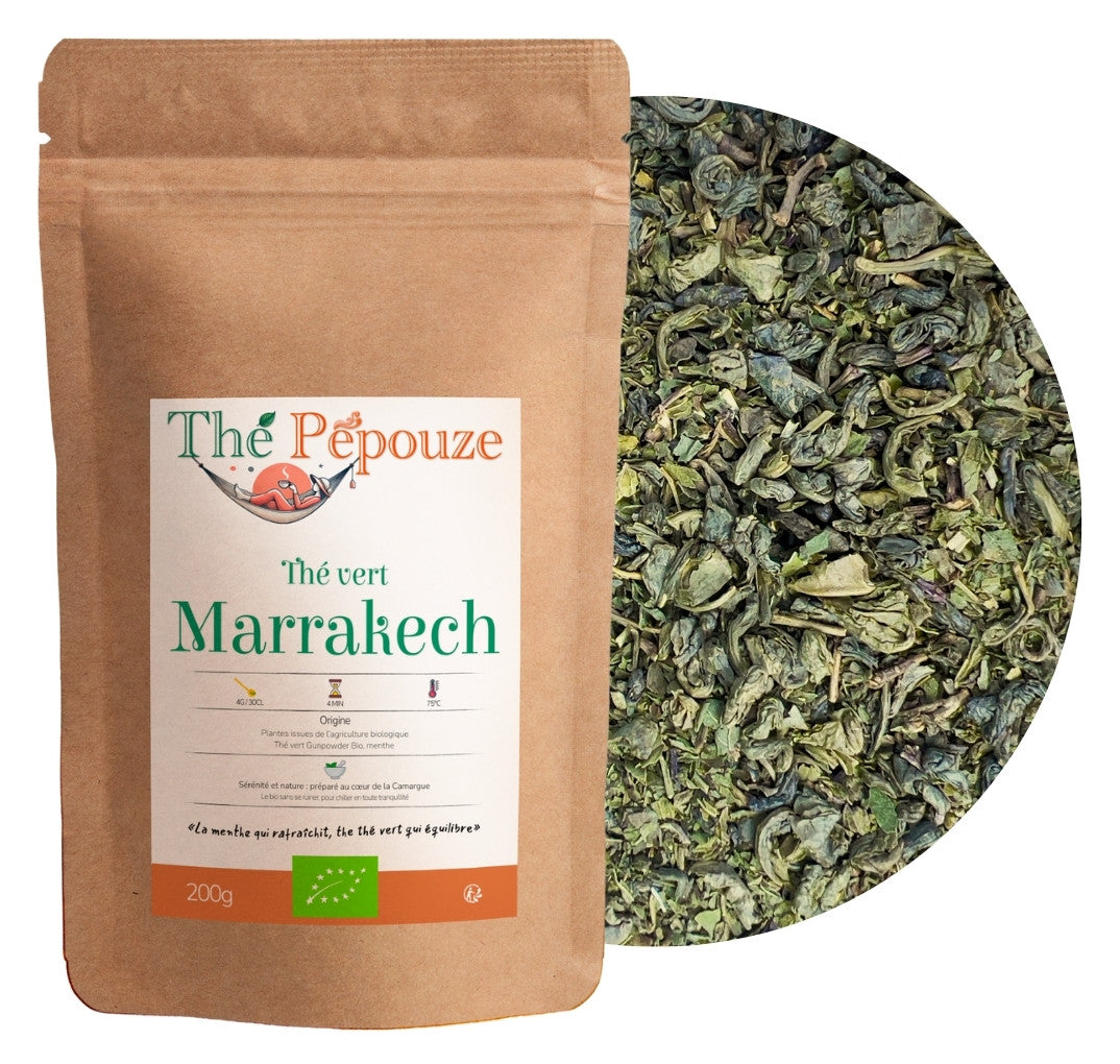 Thé vert Marrakech bio – sachet kraft 200 g et feuilles roulées Gunpowder avec menthe séchée 